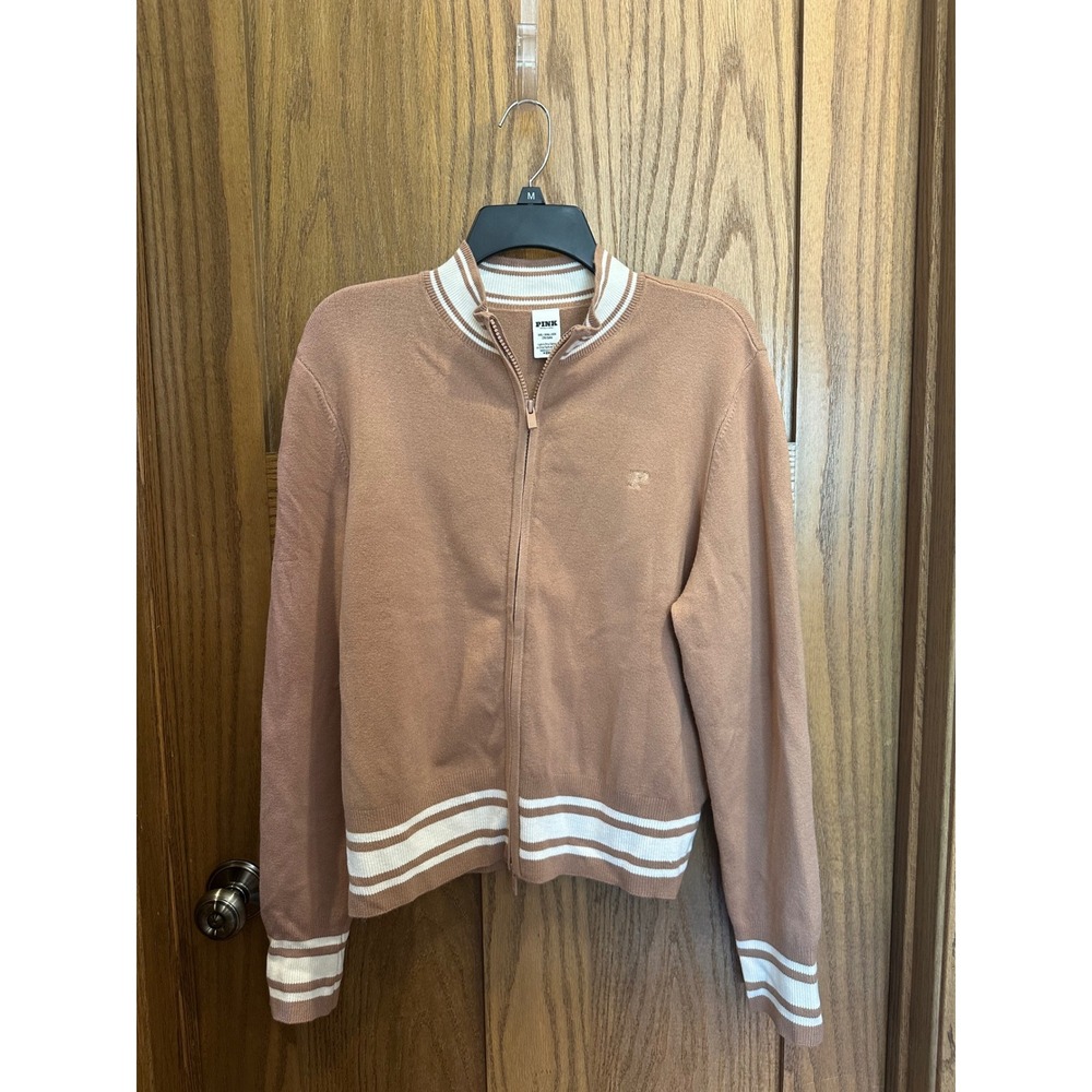 Victorias Secret PINK Full Zip Sweater Tan Brown Varsity Stripe XXL Cardigan